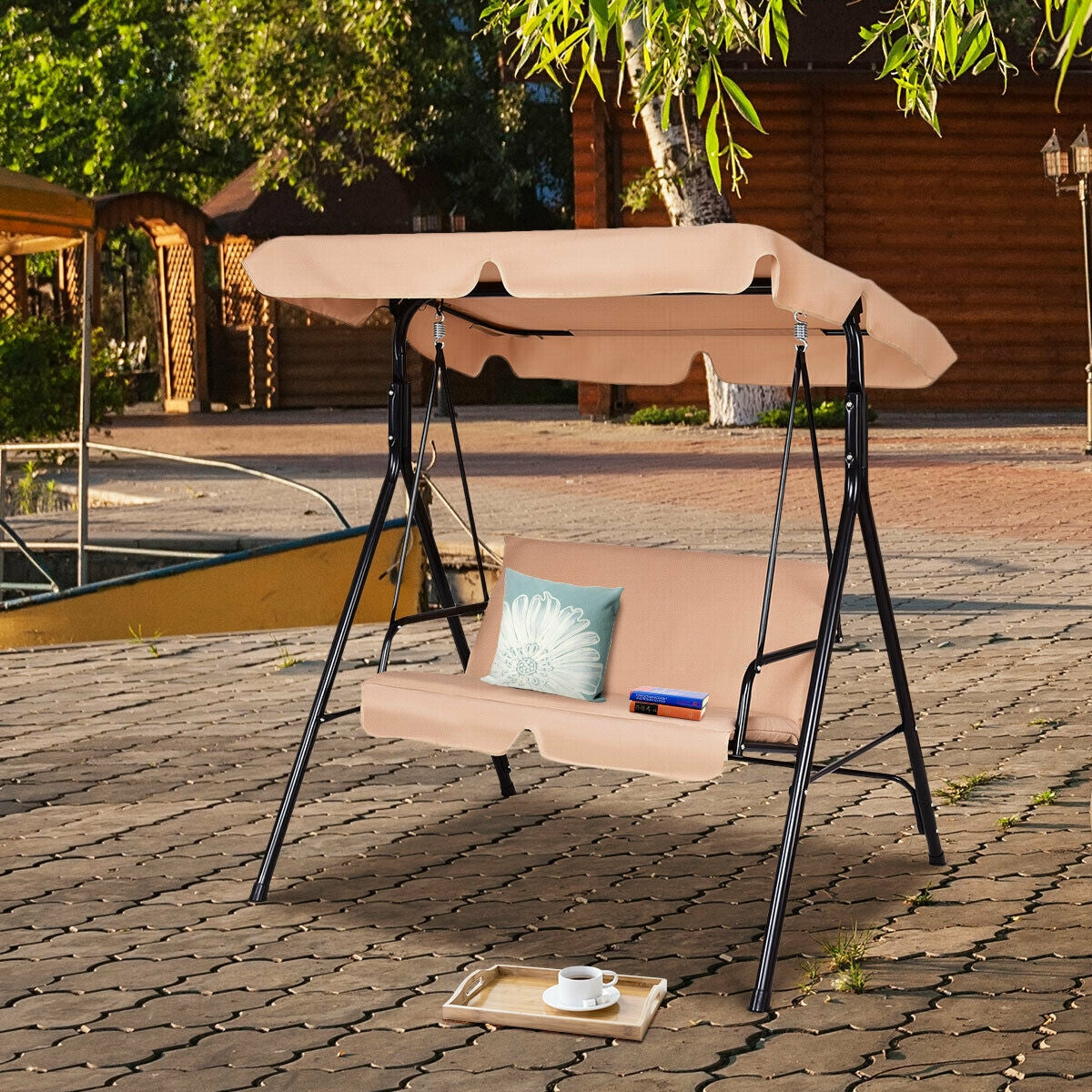 Patio Steel Frame Swing Glider Loveseat, Beige Porch Swings at Gallery Canada