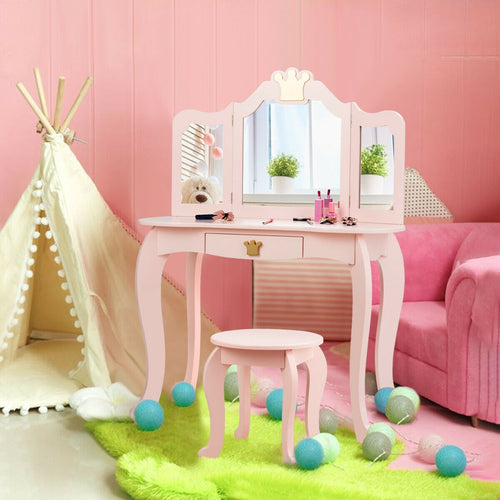 Kids Makeup Dressing Table With Tri-Folding Mirror And Stool, Pink