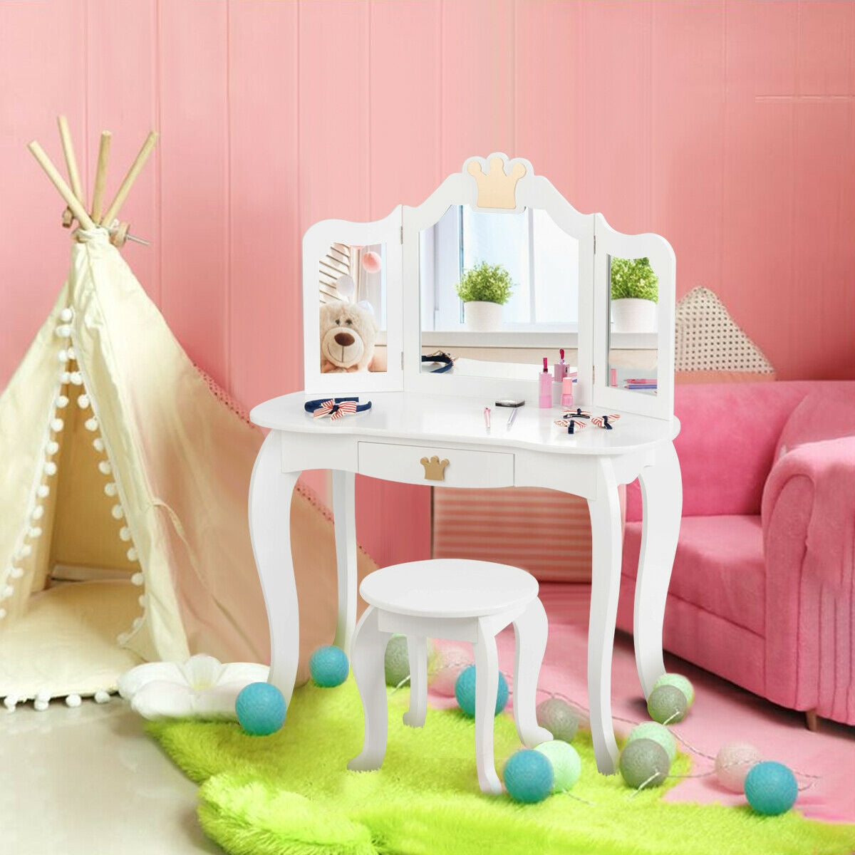 Kids Makeup Dressing Table With Tri-Folding Mirror And Stool, White Kids Vanities at Gallery Canada