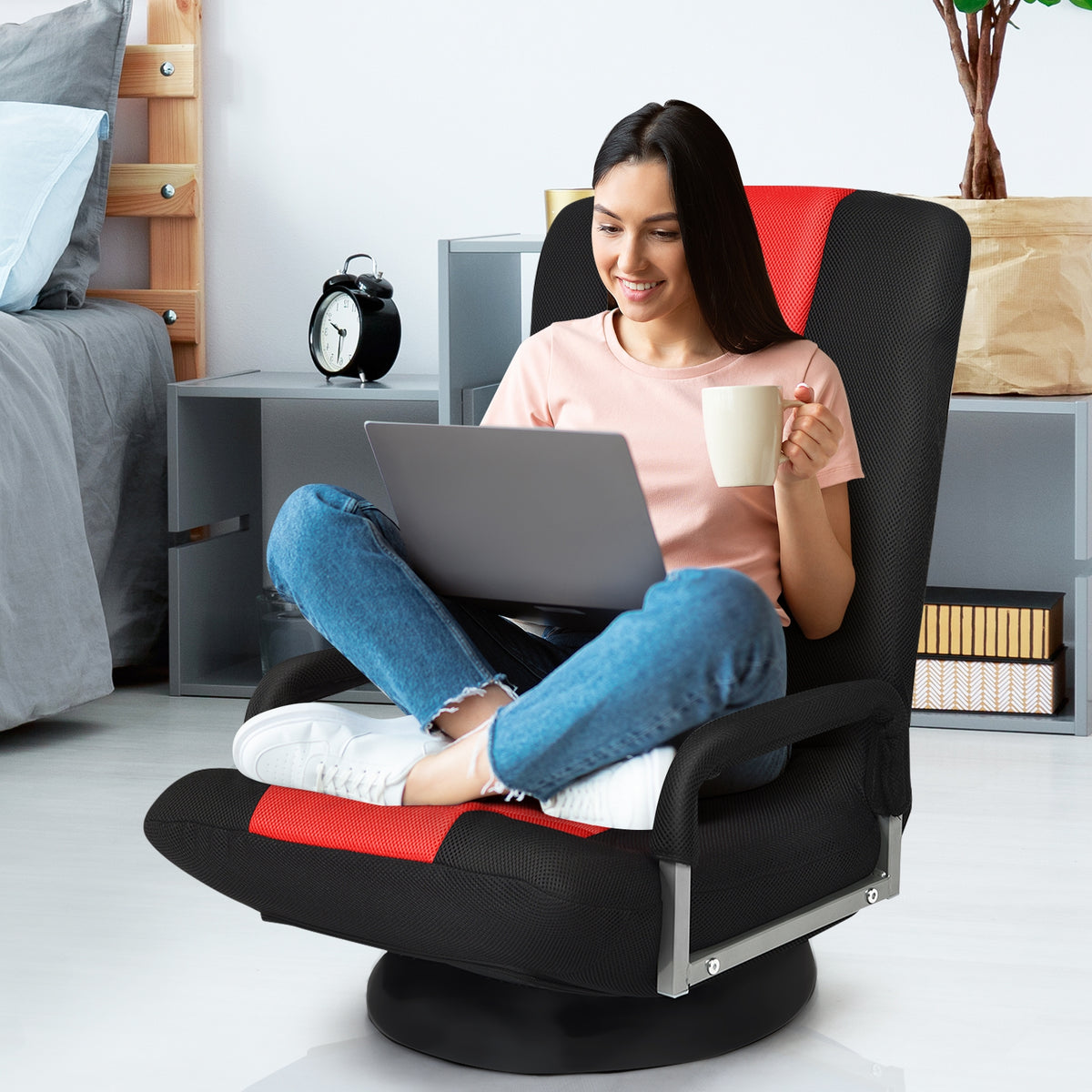 360-Degree Swivel Gaming Floor Chair, Foldable Adjustable Backrest, Red Floor Chairs at Gallery Canada