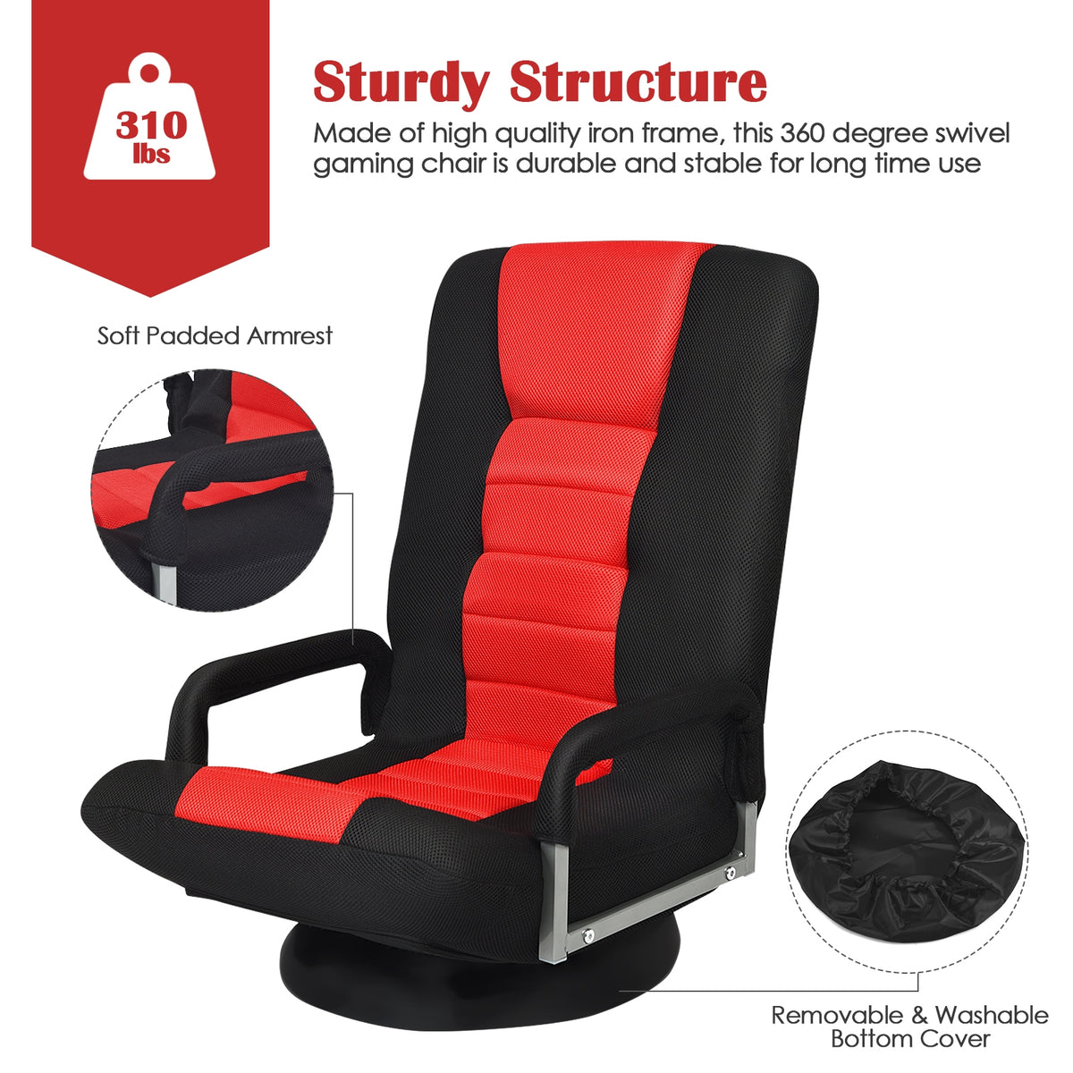 360-Degree Swivel Gaming Floor Chair, Foldable Adjustable Backrest, Red Floor Chairs at Gallery Canada