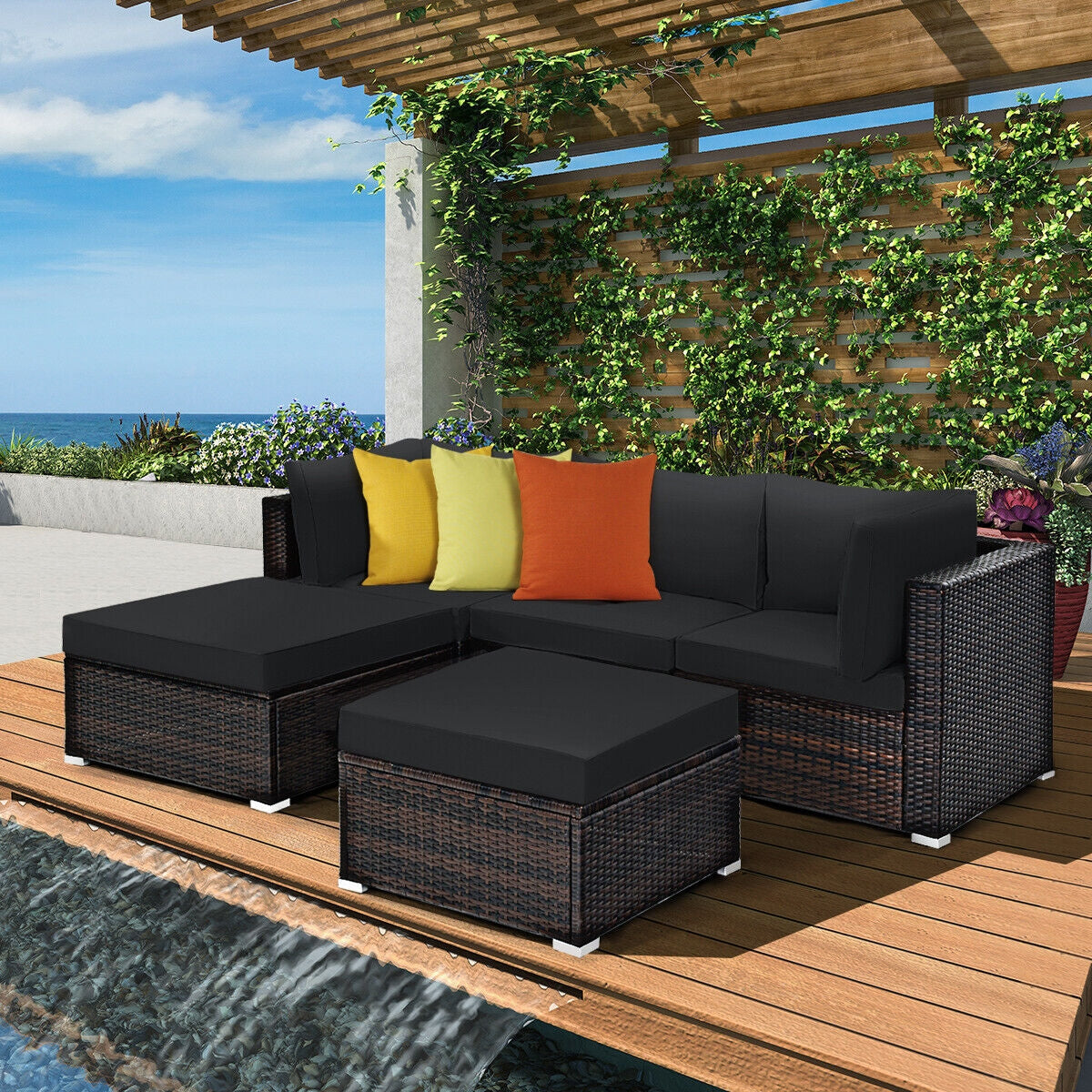 5 Piece Patio Sectional Rattan Furniture Set, Black Outdoor Sectionals at Gallery Canada