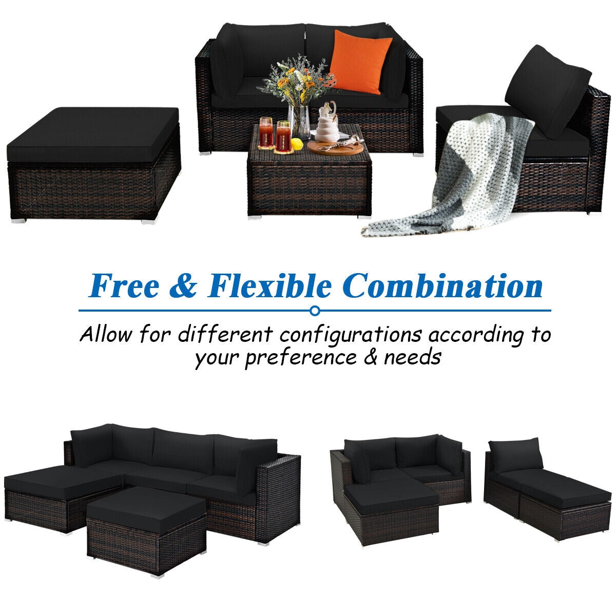 5 Piece Patio Sectional Rattan Furniture Set, Black Outdoor Sectionals at Gallery Canada