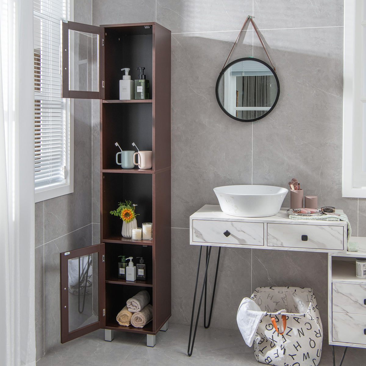 71 Inch Tall Bathroom Storage Cabinet, Brown Floor Cabinets at Gallery Canada