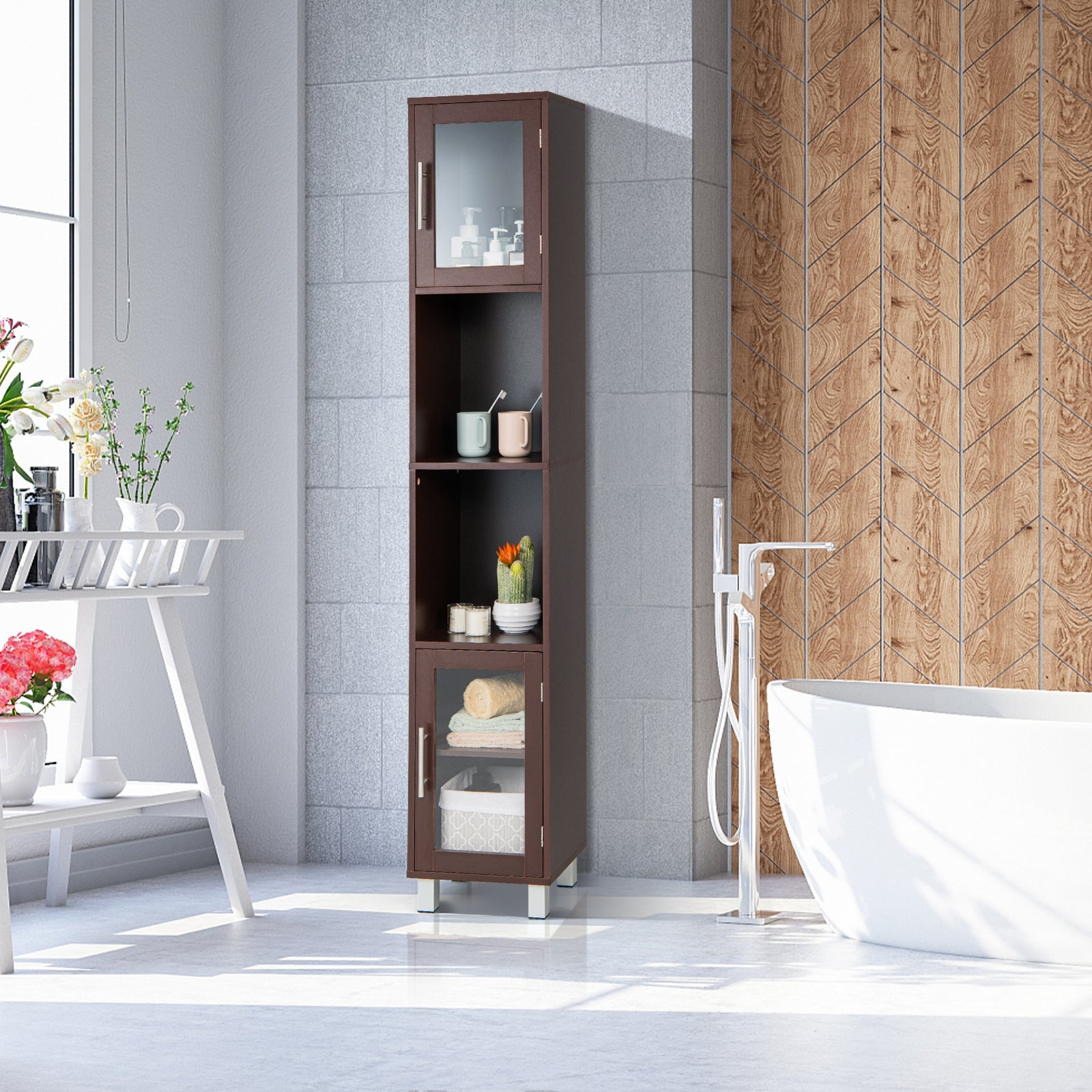 71 Inch Tall Bathroom Storage Cabinet, Brown Floor Cabinets at Gallery Canada