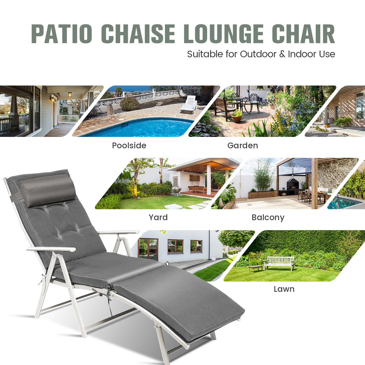 Adjustable Folding Chaise Lounge Chair, Gray Outdoor Chaise Lounges at Gallery Canada