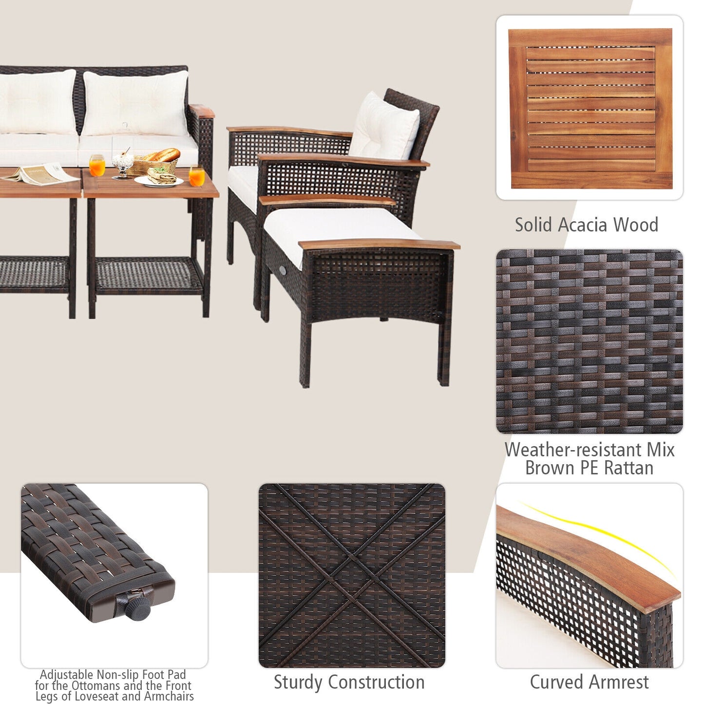 7-Piece Patio Rattan Cushioned Conversation Set, Beige Patio Conversation Sets at Gallery Canada