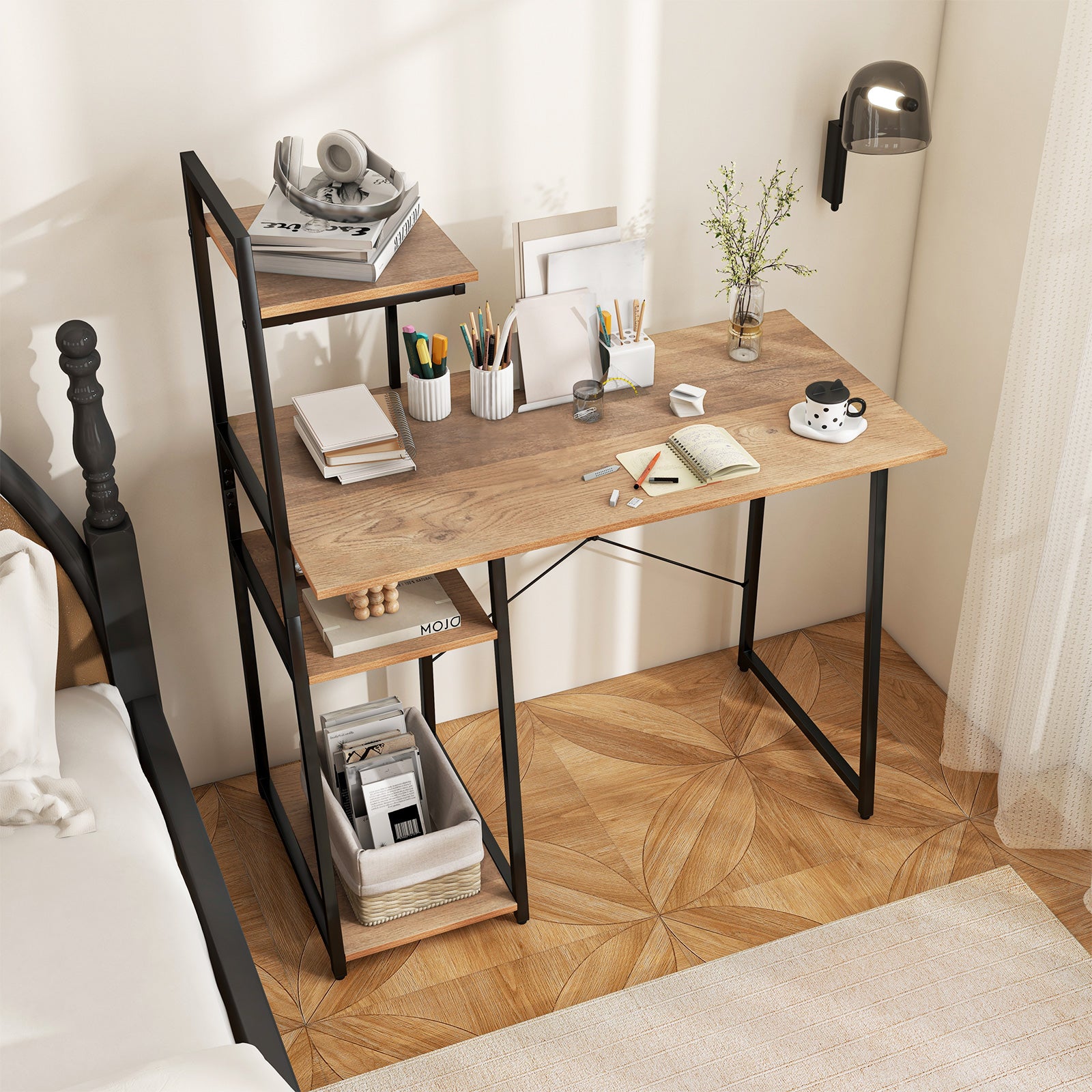Compact Computer Desk Workstation, 4 Tier Shelves, Natural Writing Desks at Gallery Canada