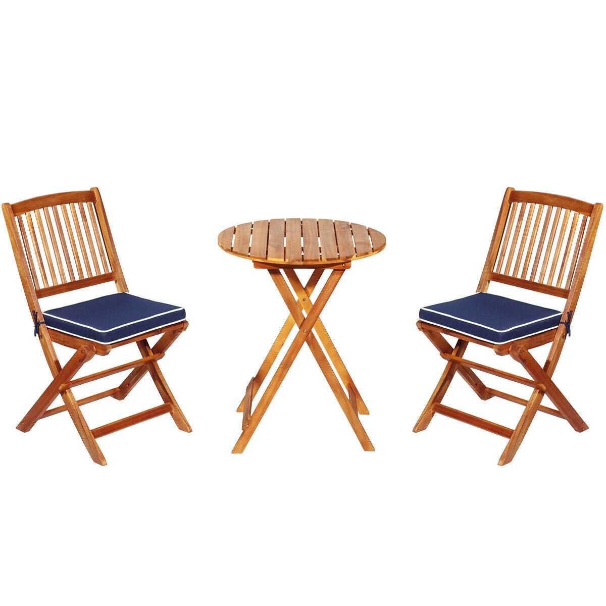 3 Piece Patio Folding Wooden Bistro Set, Cushioned Chair, Navy Patio Conversation Sets Navy at Gallery Canada