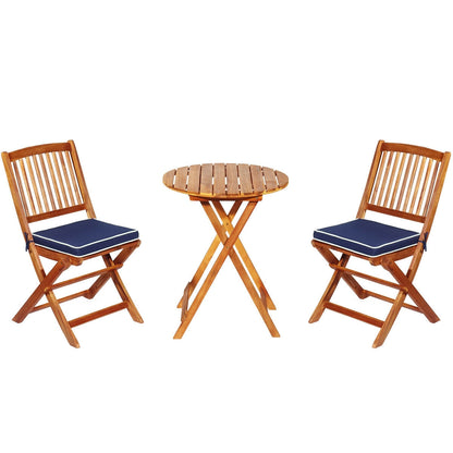 3 Piece Patio Folding Wooden Bistro Set, Cushioned Chair, Navy Patio Conversation Sets Navy at Gallery Canada