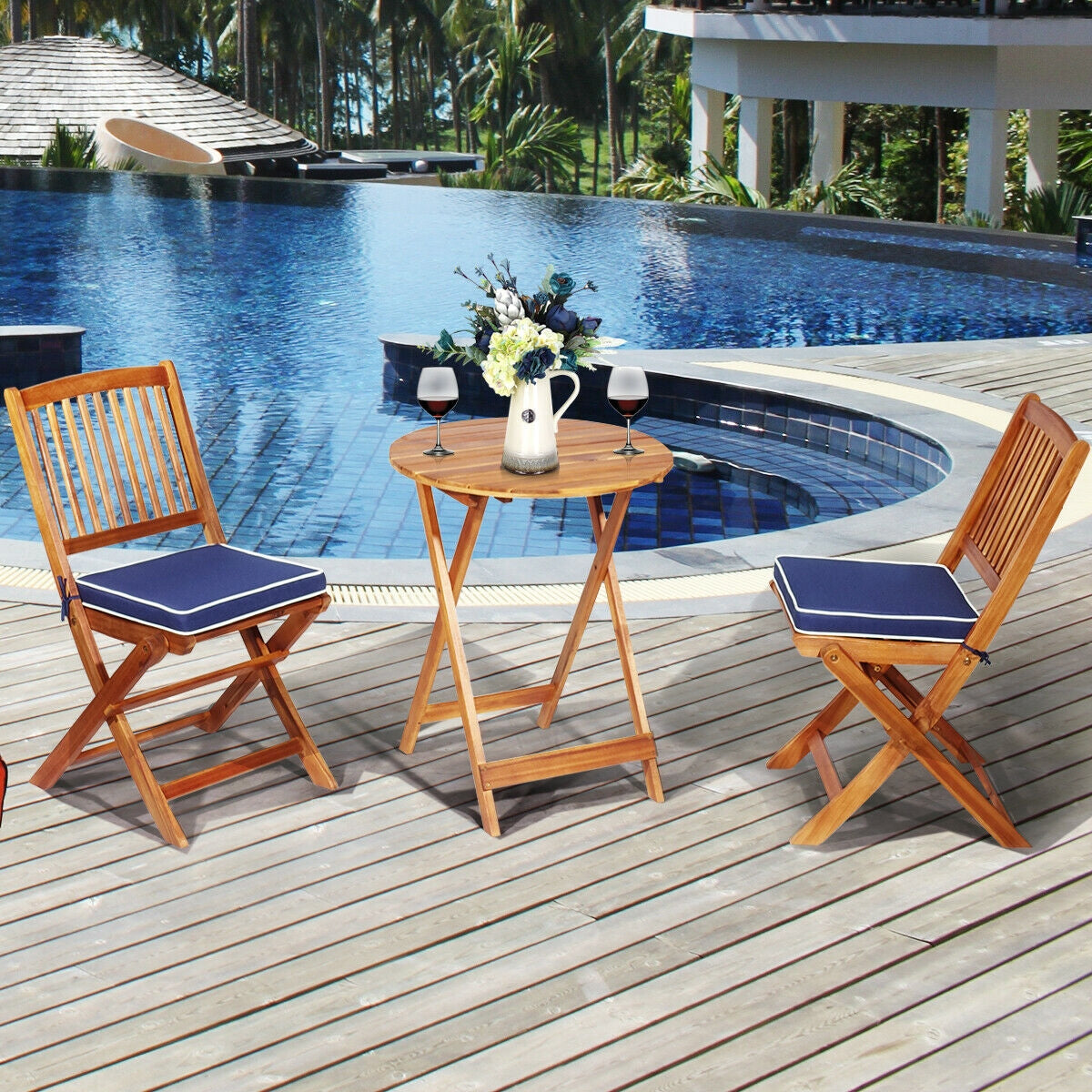 3 Piece Patio Folding Wooden Bistro Set, Cushioned Chair, Navy Patio Conversation Sets at Gallery Canada