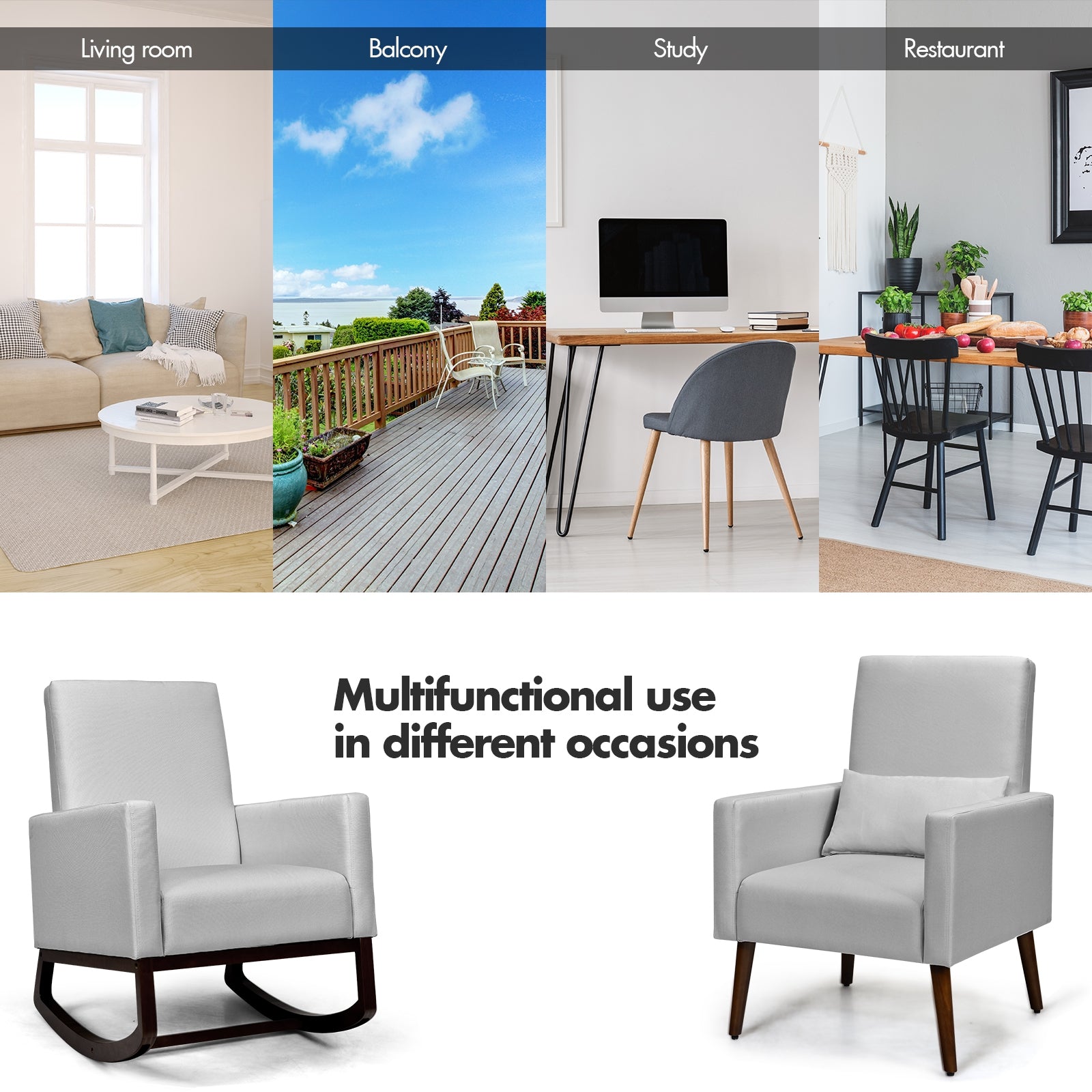 2-In-1 Fabric Upholstered Rocking Chair, Light Gray Accent Chairs at Gallery Canada