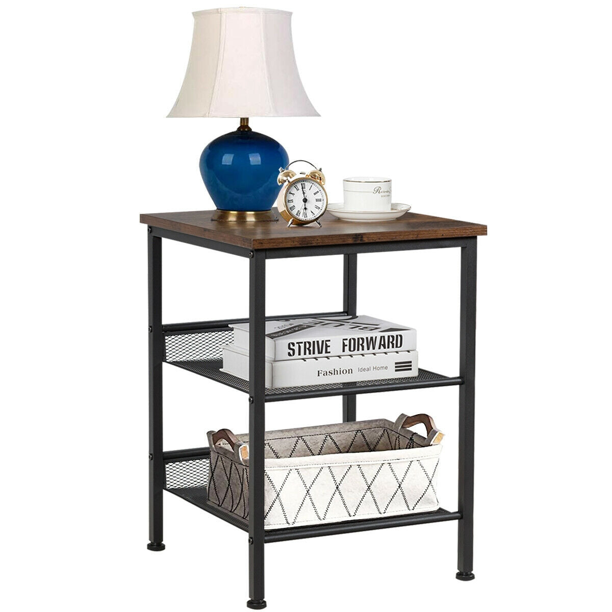 3-Tier Industrial End Table, Mesh Shelves, Adjustable Shelves, Rustic Brown End & Side Tables at Gallery Canada