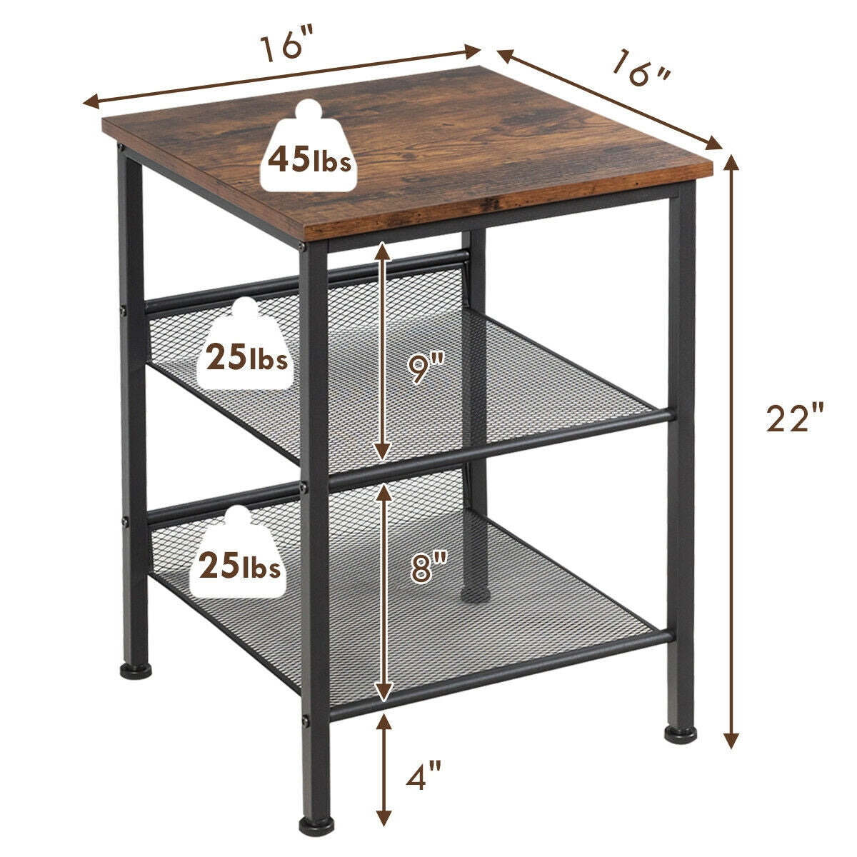 3-Tier Industrial End Table, Mesh Shelves, Adjustable Shelves, Rustic Brown End & Side Tables at Gallery Canada