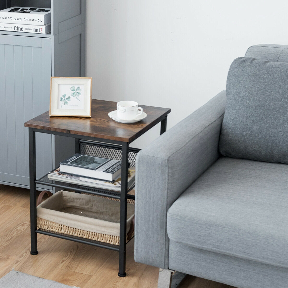 3-Tier Industrial End Table, Mesh Shelves, Adjustable Shelves, Rustic Brown End & Side Tables at Gallery Canada