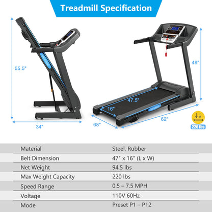 2.25 HP Folding Electric Treadmill, LCD Display, Black Treadmills at Gallery Canada