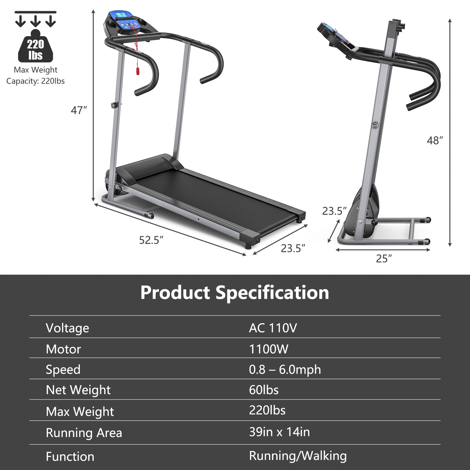 Electric Foldable Treadmill, LCD Display, Heart Rate Sensor, Black Treadmills at Gallery Canada