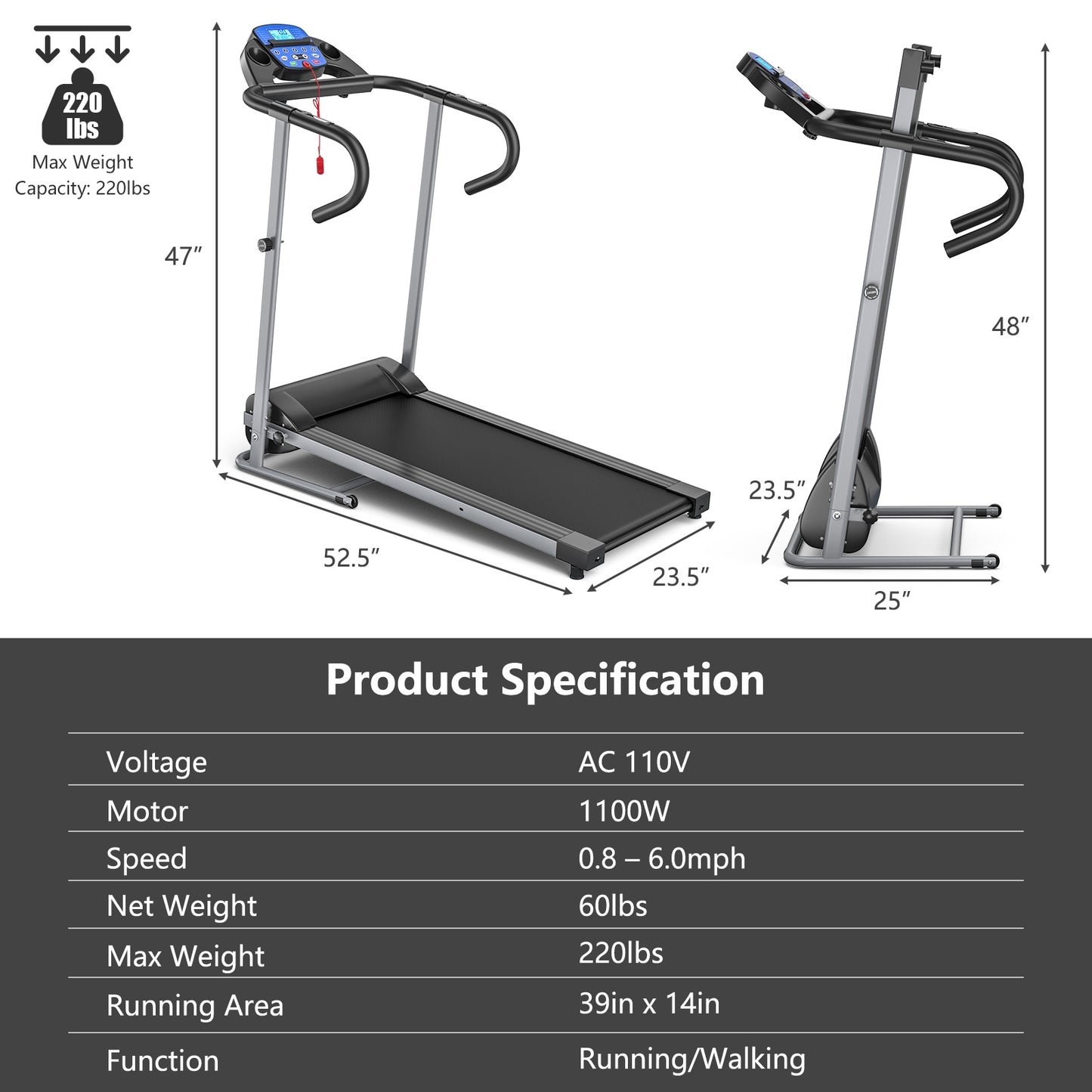Electric Foldable Treadmill, LCD Display, Heart Rate Sensor, Black Treadmills at Gallery Canada