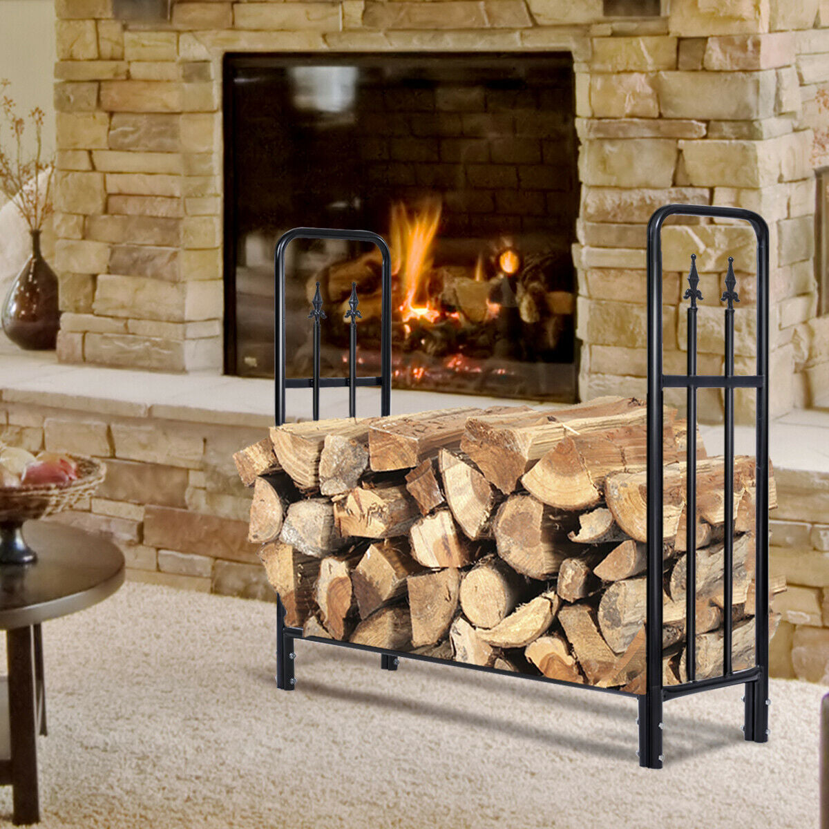 4 Feet Heavy Duty Steel Firewood Storage Rack, Black Log Storage at Gallery Canada
