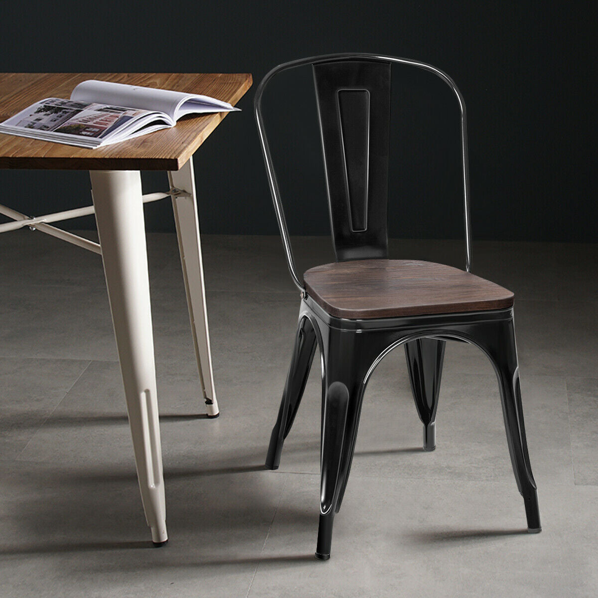 18 Inch Stackable Metal Wood Dining Chair, Set of 4, Black Dining Chairs at Gallery Canada