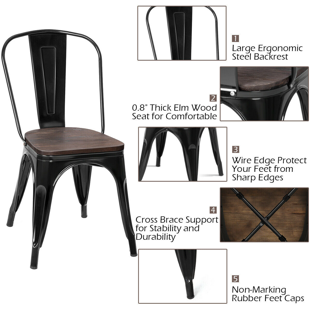 18 Inch Stackable Metal Wood Dining Chair, Set of 4, Black Dining Chairs at Gallery Canada
