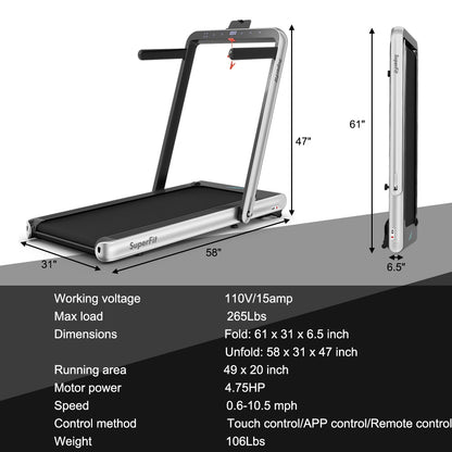 4.75HP 2 In 1 Folding Treadmill, Remote APP Control, Silver Treadmills at Gallery Canada
