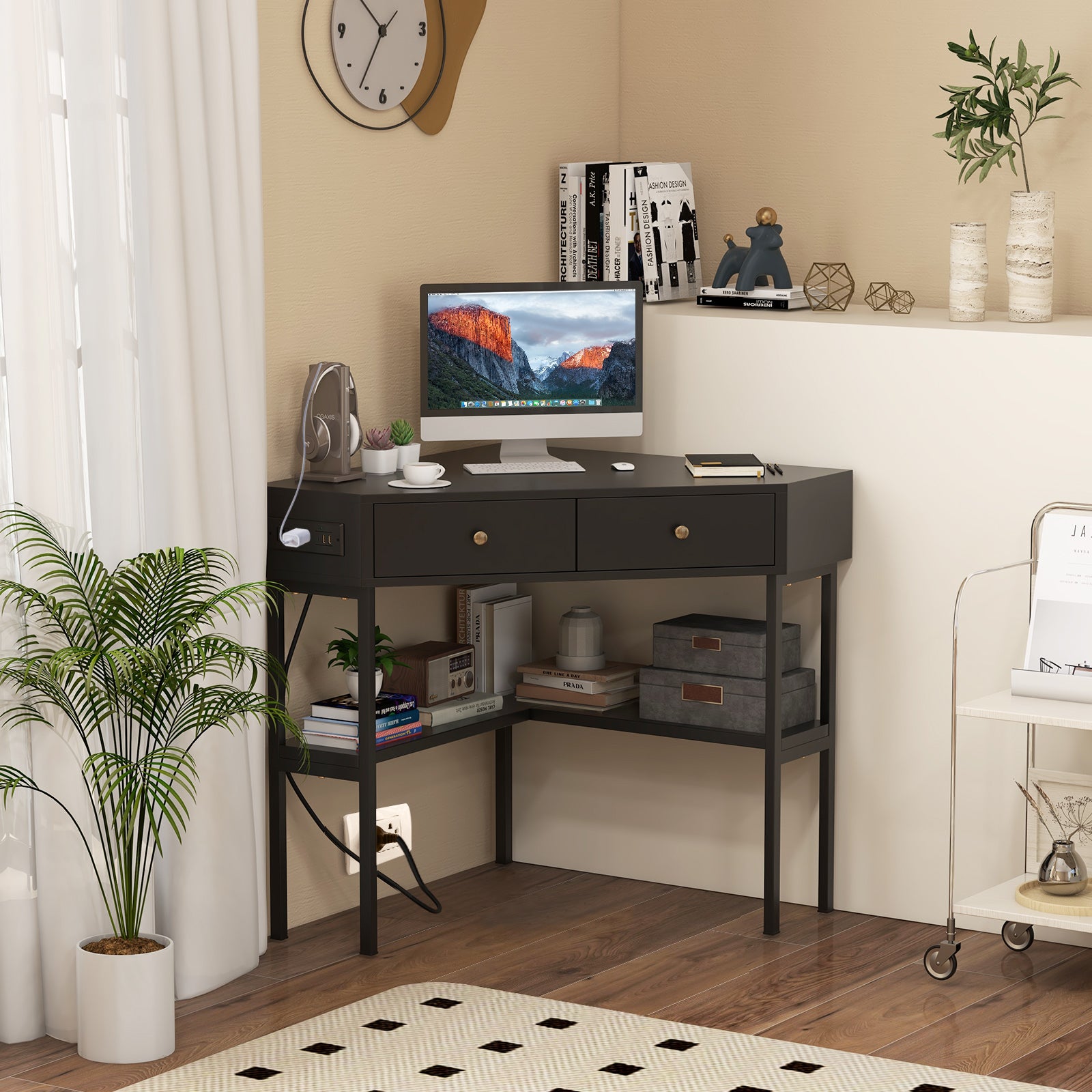 Triangle Corner Desk, Charging Station, 2 Drawers, Storage Shelf, Black Corner Desks at Gallery Canada