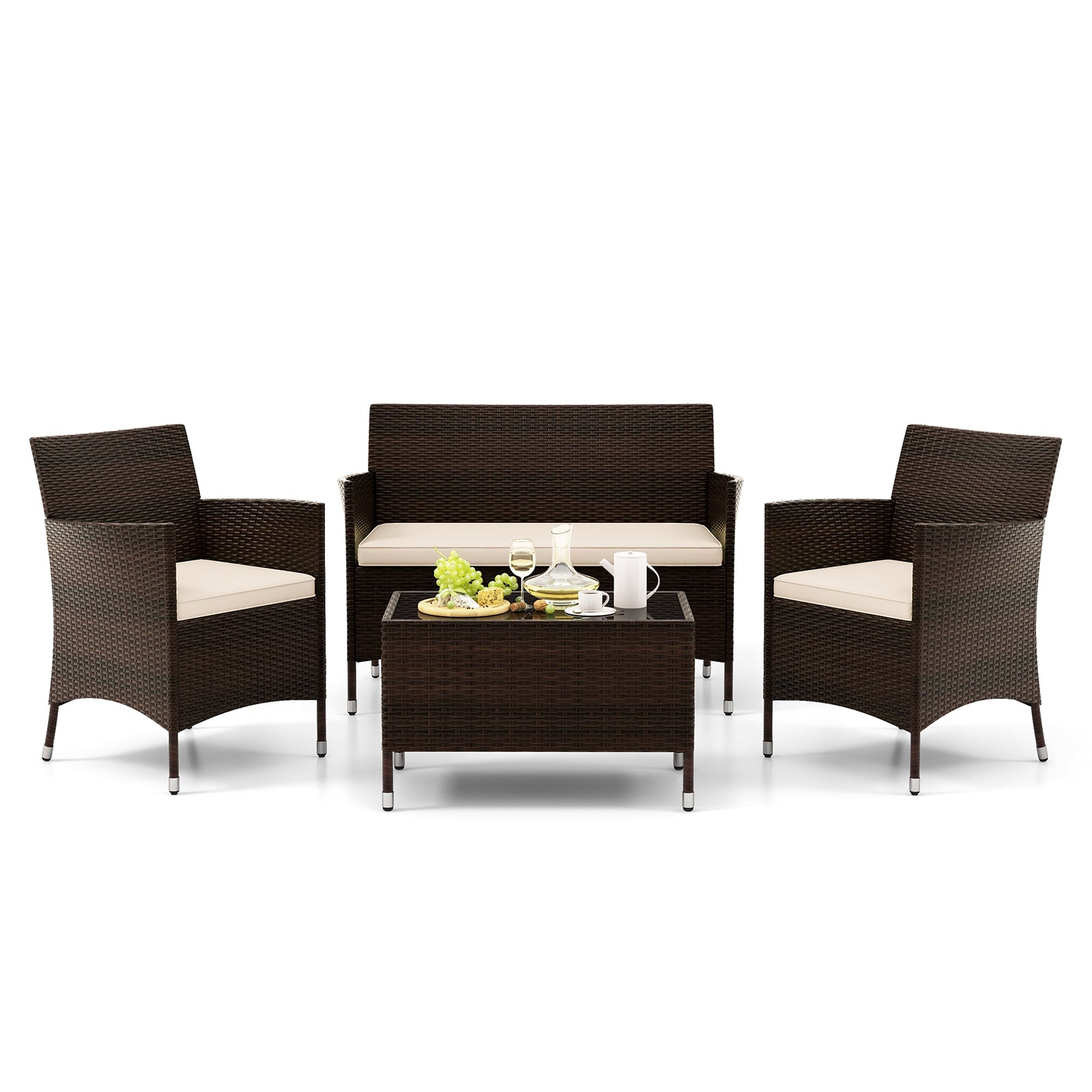 4-Piece Outdoor Rattan Sofa Set, Glass Coffee Table, Light Brown Patio Conversation Sets at Gallery Canada