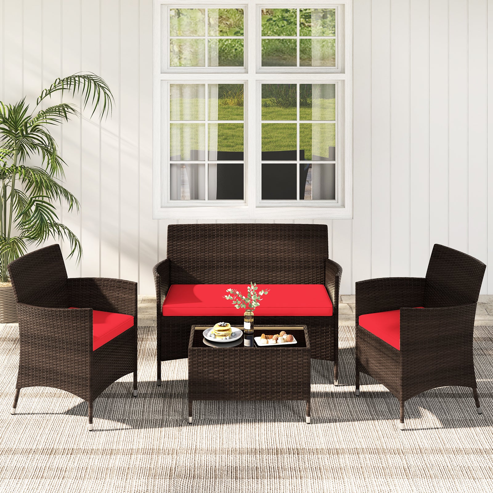 4 Pieces Comfortable Rattan Outdoor Conversation Furniture Set with Glass Table, Red Patio Conversation Sets at Gallery Canada