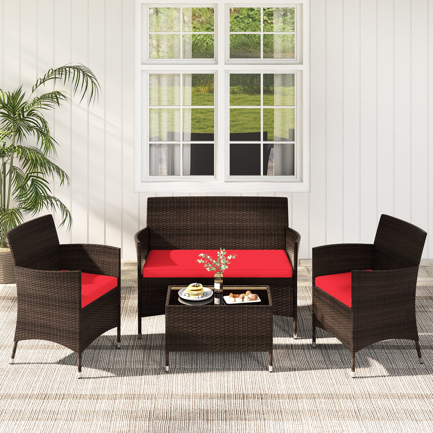 4 Pieces Comfortable Rattan Outdoor Conversation Furniture Set with Glass Table, Red Patio Conversation Sets at Gallery Canada