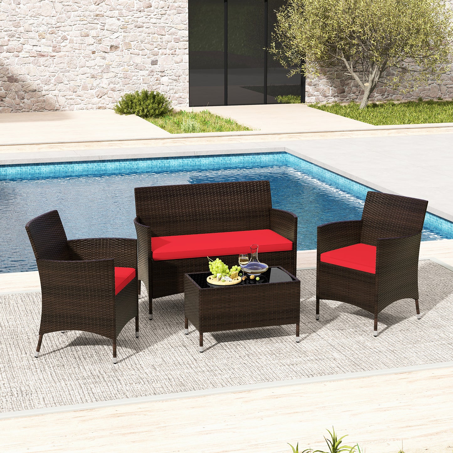 4 Pieces Comfortable Rattan Outdoor Conversation Furniture Set with Glass Table, Red Patio Conversation Sets at Gallery Canada