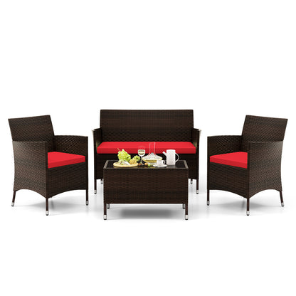 4 Pieces Comfortable Rattan Outdoor Conversation Furniture Set with Glass Table, Red Patio Conversation Sets at Gallery Canada