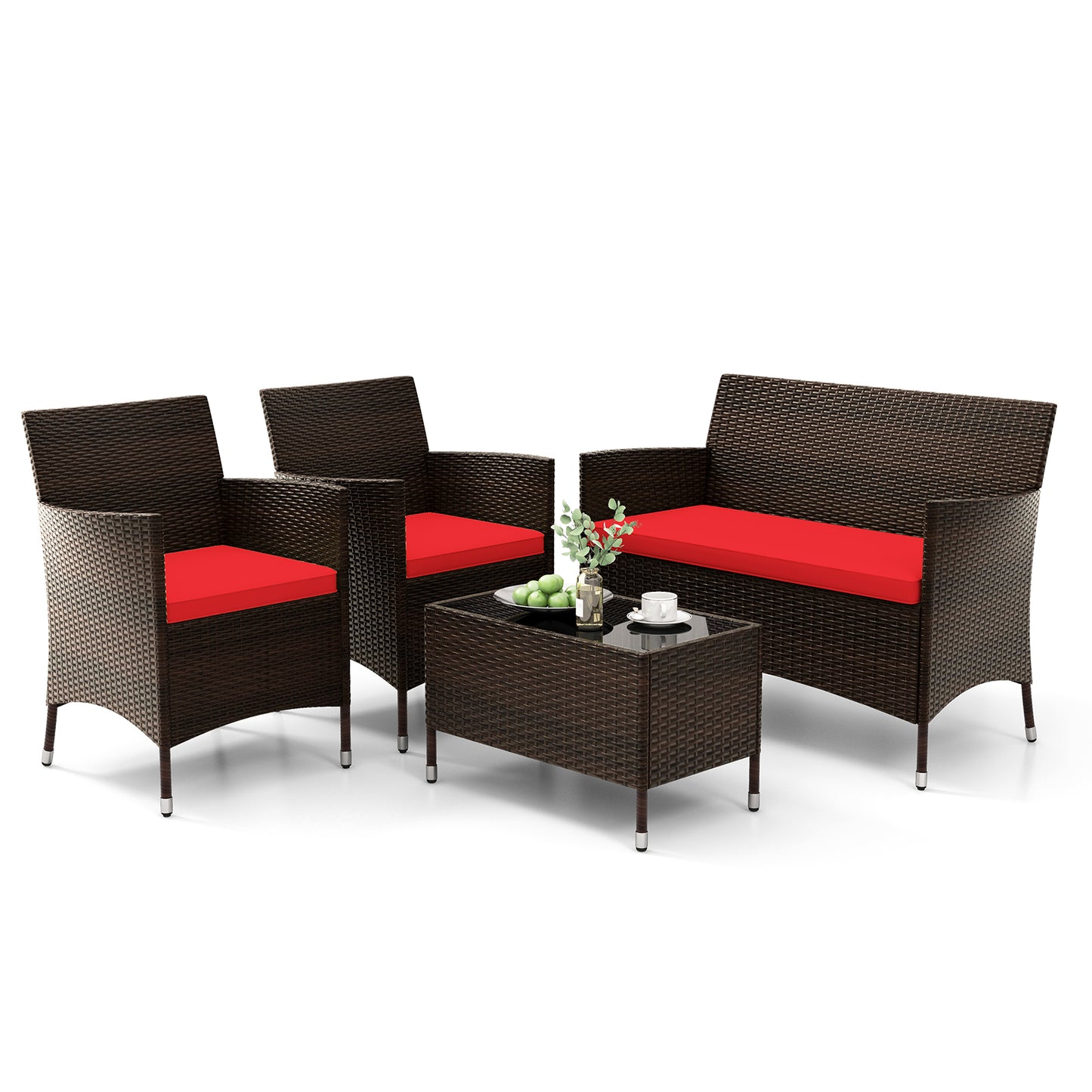 4 Pieces Comfortable Rattan Outdoor Conversation Furniture Set with Glass Table, Red Patio Conversation Sets at Gallery Canada