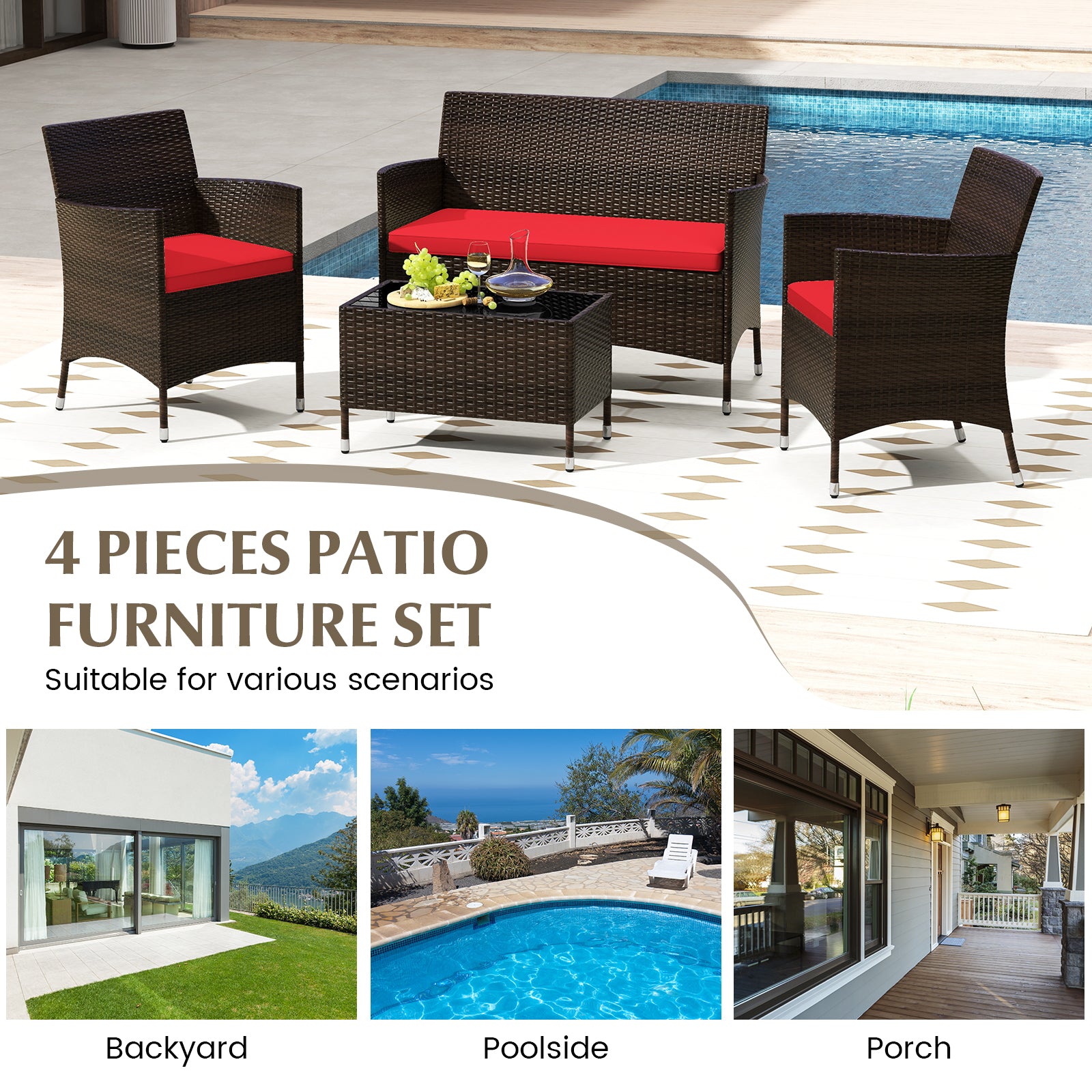 4 Pieces Comfortable Rattan Outdoor Conversation Furniture Set with Glass Table, Red Patio Conversation Sets at Gallery Canada