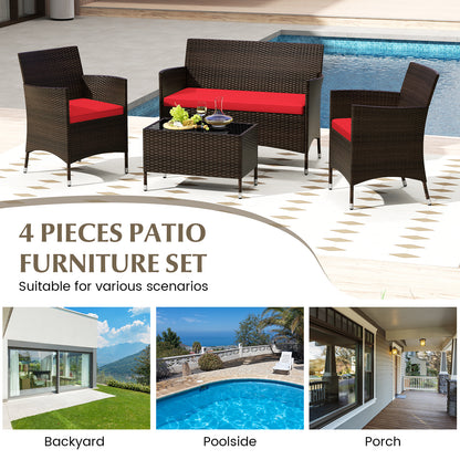 4 Pieces Comfortable Rattan Outdoor Conversation Furniture Set with Glass Table, Red Patio Conversation Sets at Gallery Canada