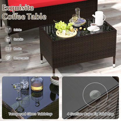 4 Pieces Comfortable Rattan Outdoor Conversation Furniture Set with Glass Table, Red Patio Conversation Sets at Gallery Canada