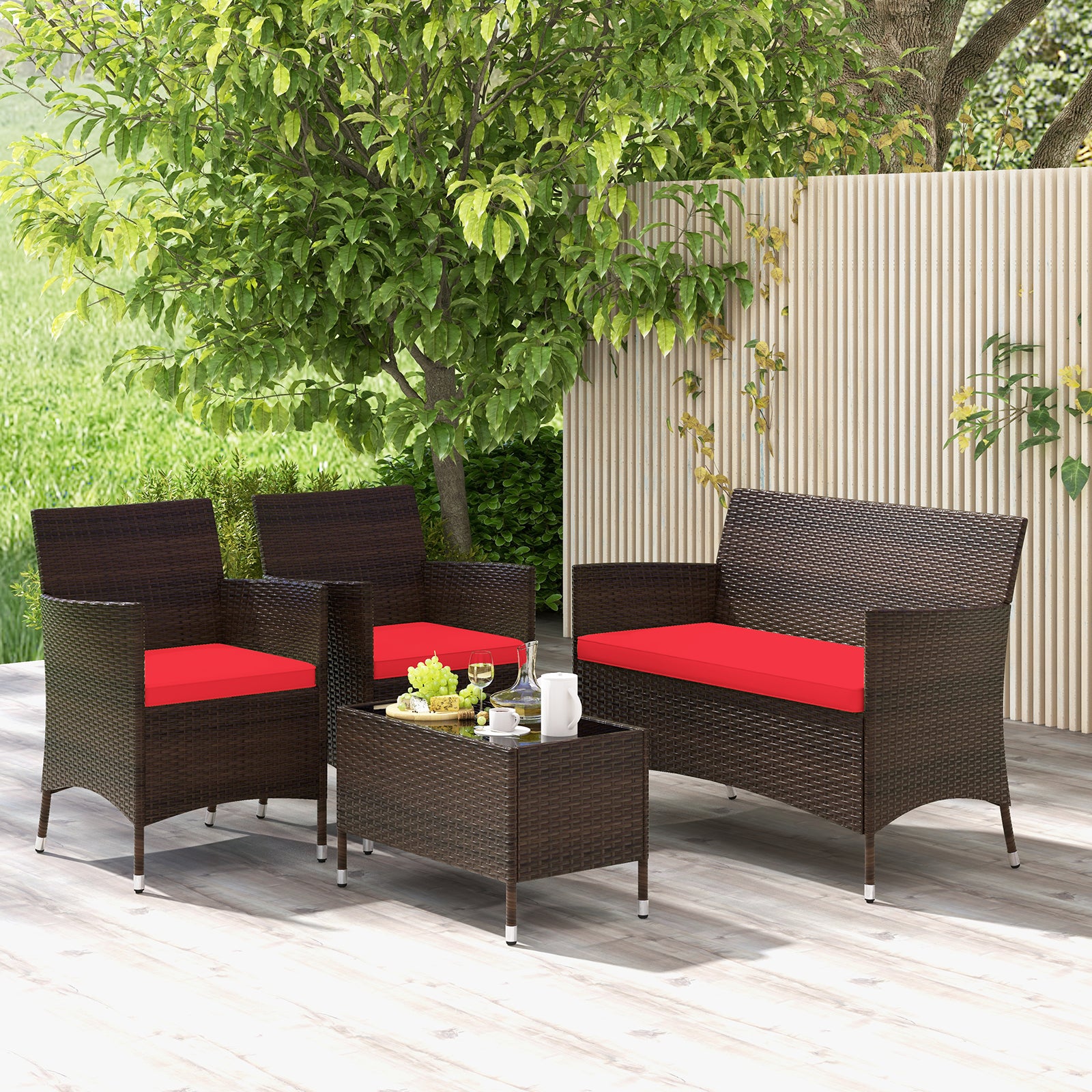 4 Pieces Comfortable Rattan Outdoor Conversation Furniture Set with Glass Table, Red Patio Conversation Sets at Gallery Canada
