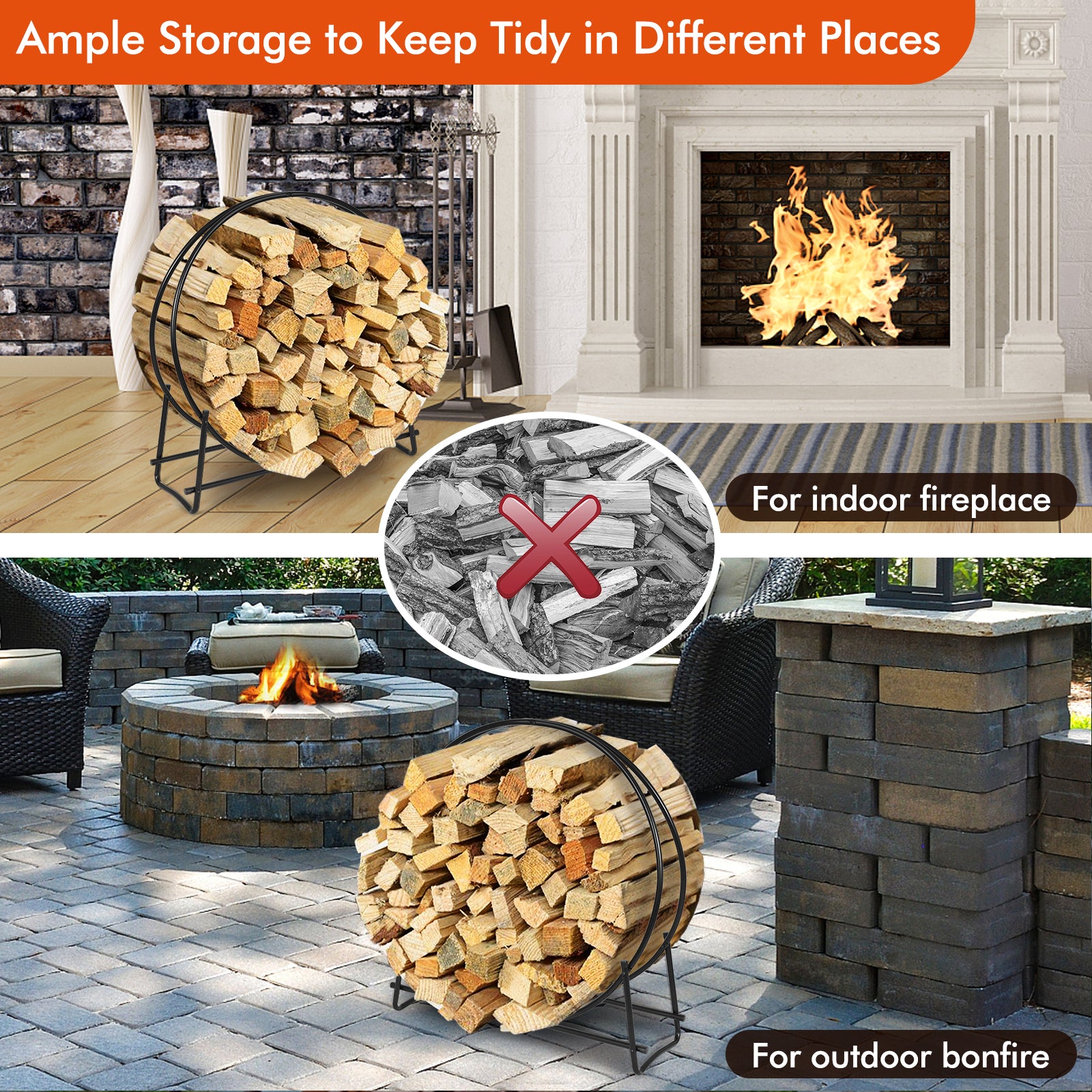 40-Inch Tubular Steel Firewood Storage Rack, Black Log Storage at Gallery Canada