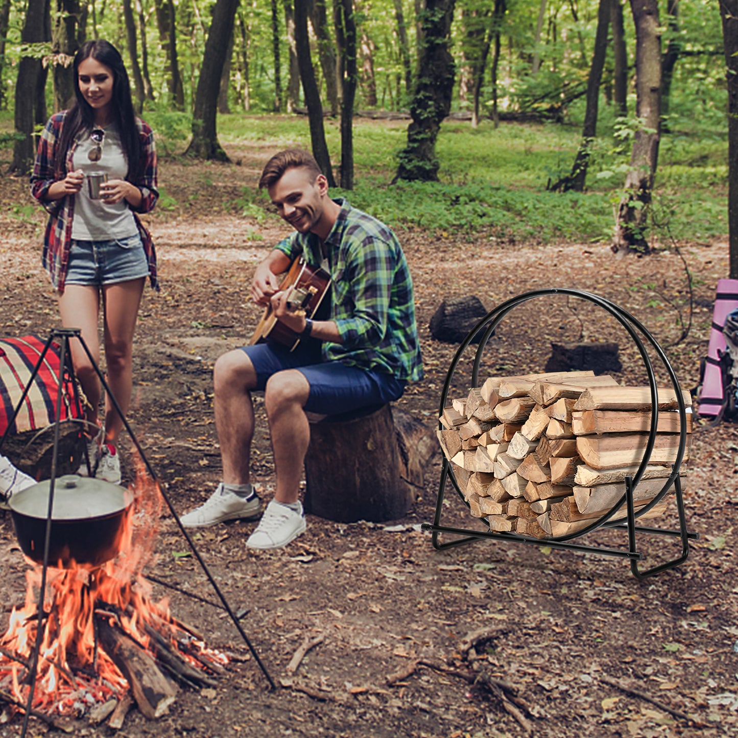 30-Inch Tubular Steel Log Hoop Firewood Storage Rack, Black Log Storage at Gallery Canada