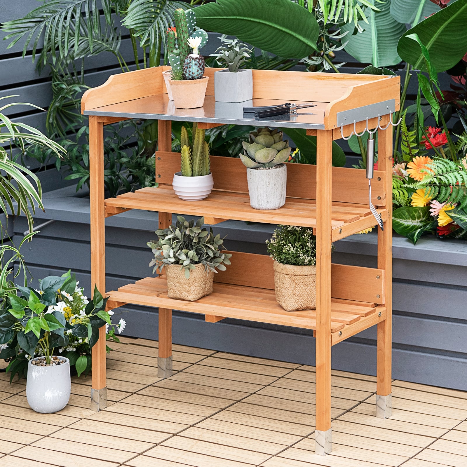 Wooden Potting Bench Work Station With Hook, Brown Potting Benches & Tables at Gallery Canada