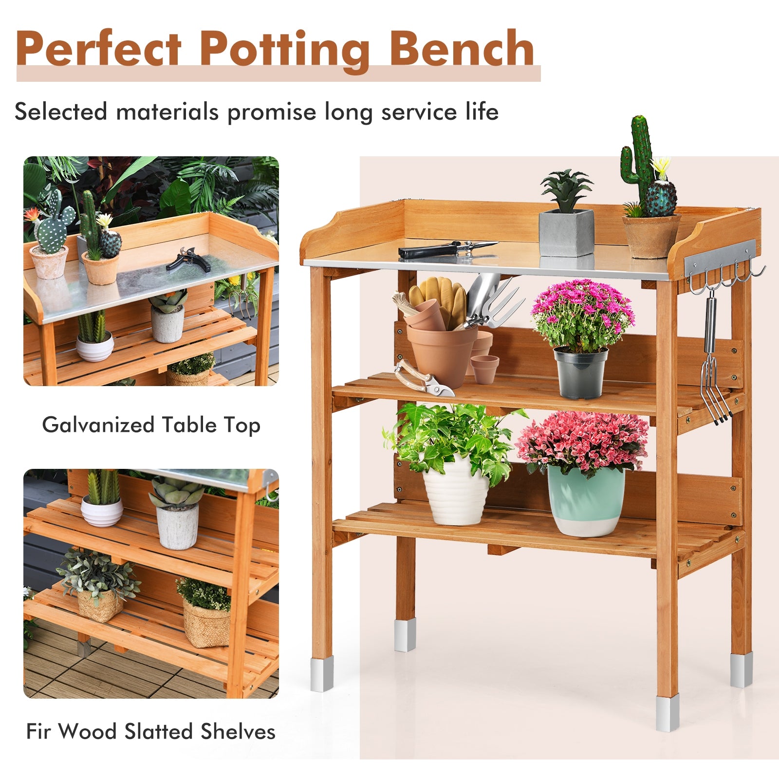 Wooden Potting Bench Work Station With Hook, Brown Potting Benches & Tables at Gallery Canada