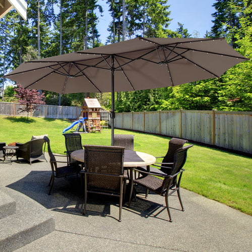 15 Feet Twin Patio Umbrella, 48 Solar LED Lights, Light Brown
