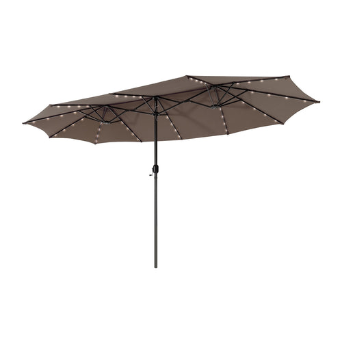 15 Feet Twin Patio Umbrella, 48 Solar LED Lights, Light Brown