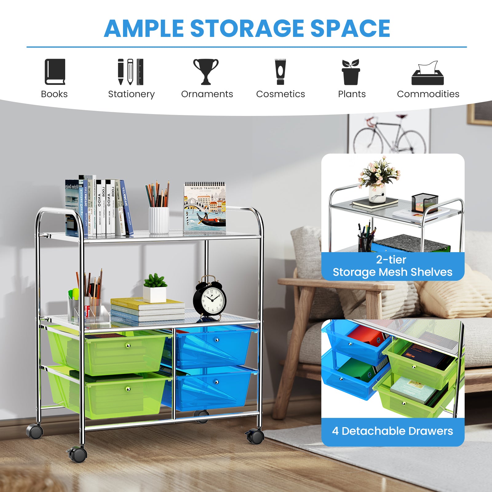 4 Drawer Rolling Storage Cart Rack, Green, Blue File Cabinets at Gallery Canada