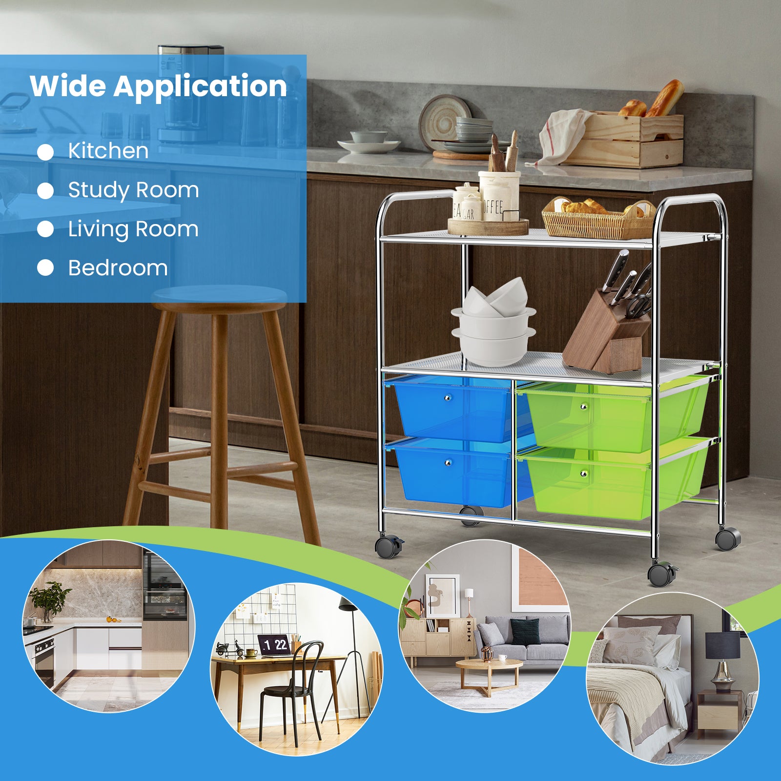 4 Drawer Rolling Storage Cart Rack, Green, Blue File Cabinets at Gallery Canada