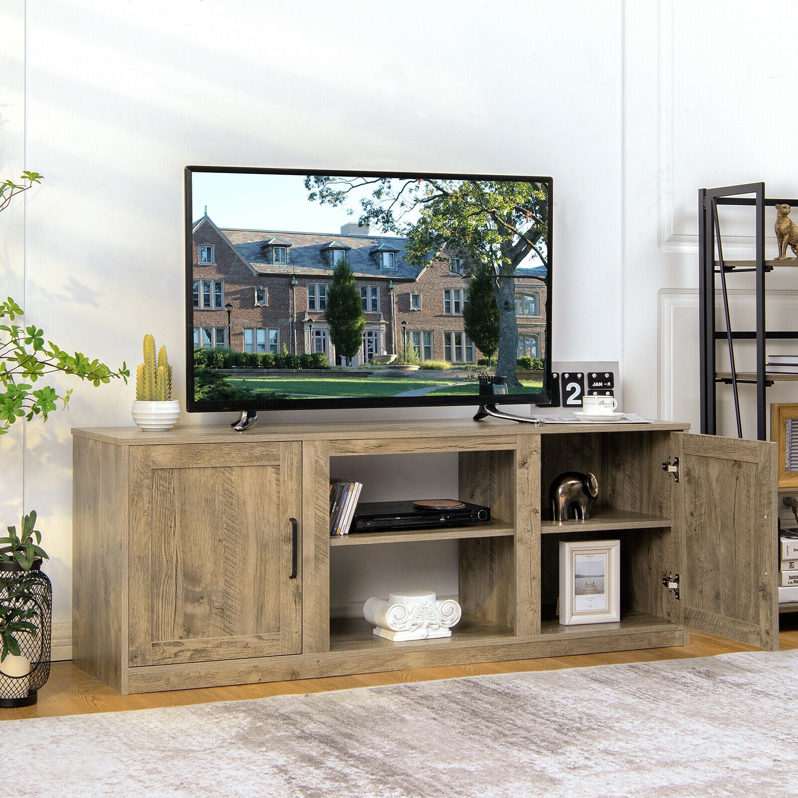 58 Inch TV Stand With 1500W Faux Fireplace, For TVs Up To 65 Inch, Natural Entertainment Centers & TV Stands at Gallery Canada