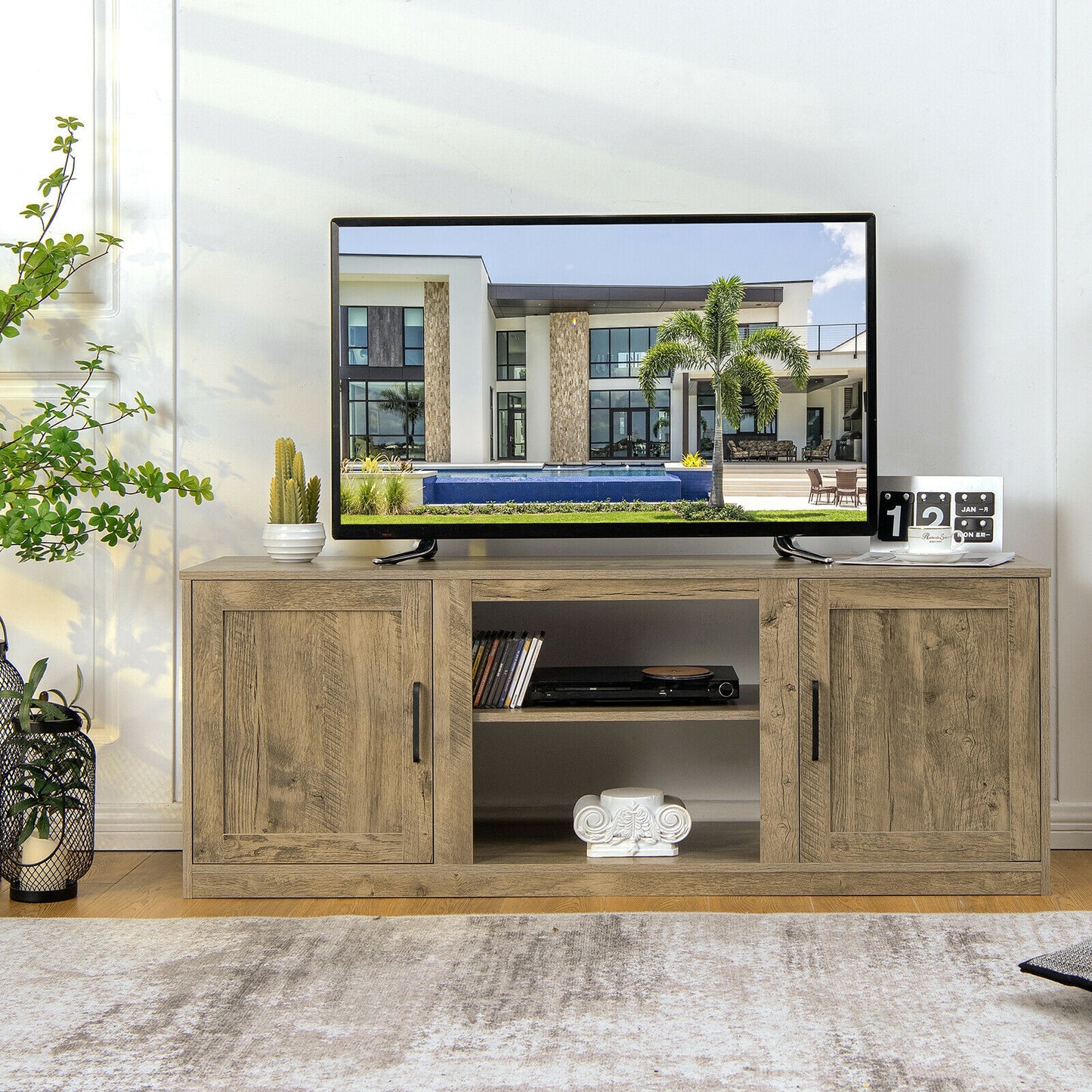 58 Inch TV Stand With 1500W Faux Fireplace, For TVs Up To 65 Inch, Natural Entertainment Centers & TV Stands at Gallery Canada