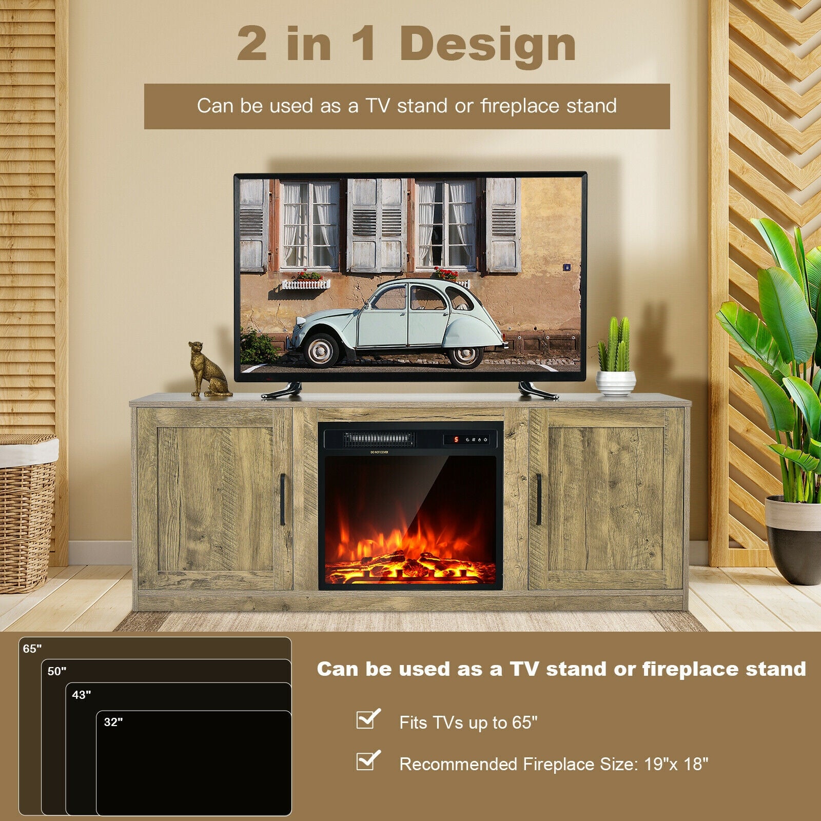 58 Inch TV Stand With 1500W Faux Fireplace, For TVs Up To 65 Inch, Natural Entertainment Centers & TV Stands at Gallery Canada