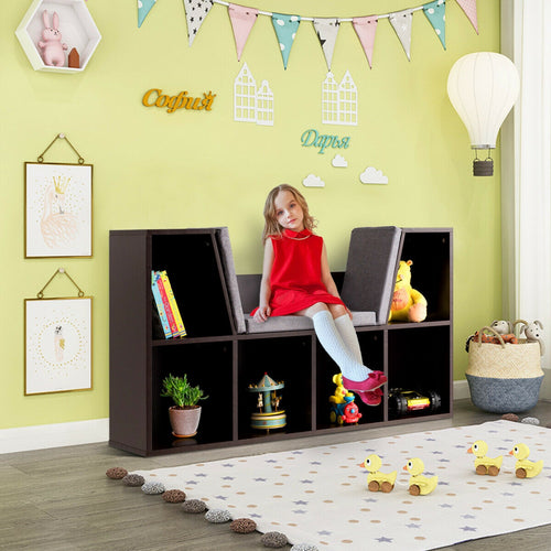6-Cubby Kid Storage Bookcase, Cushioned Reading Nook, Brown