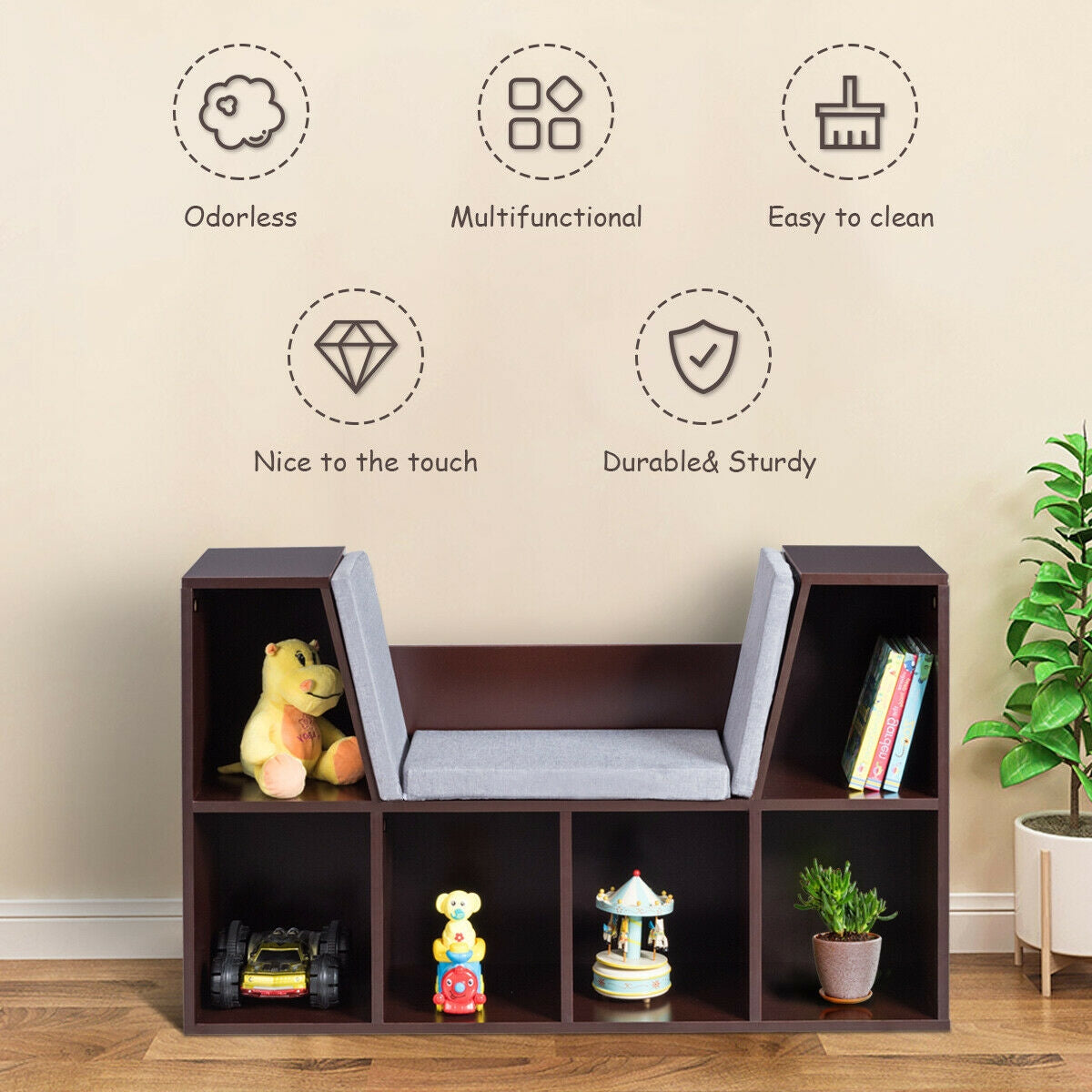 6-Cubby Kid Storage Bookcase, Cushioned Reading Nook, Brown Kids Storage at Gallery Canada